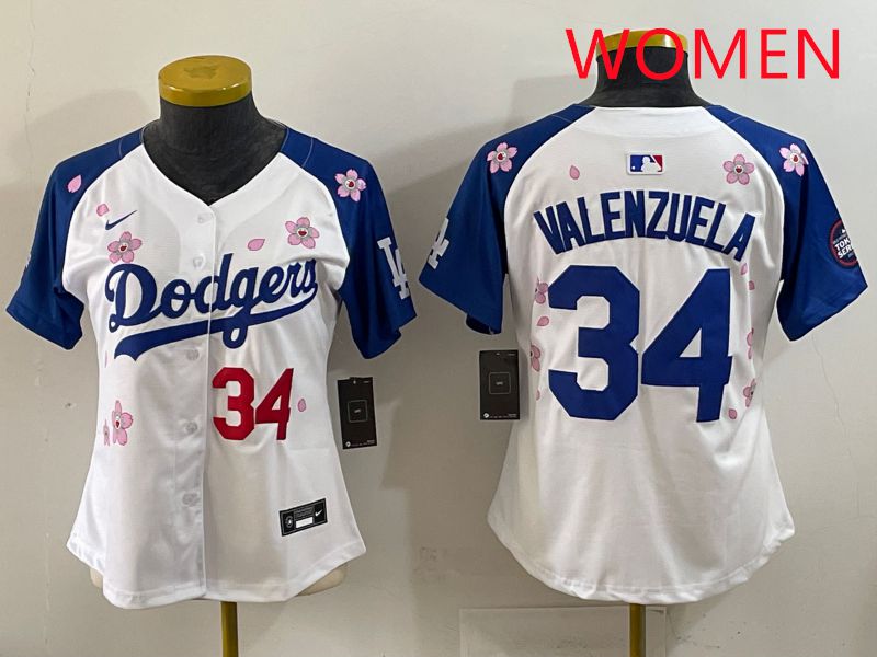 Women Los Angeles Dodgers #34 Valenzuela White Blue Sakura Edition 2025 Nike MLB Jersey style 32